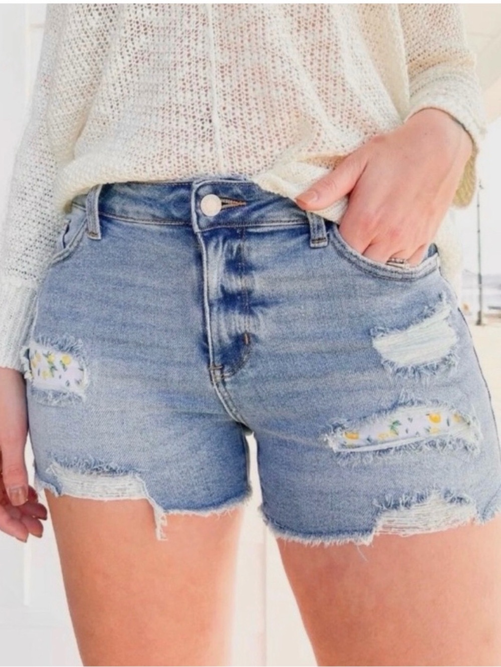 Judy Blue Life's Full Of Lemons Denim Distressed Patch Shorts